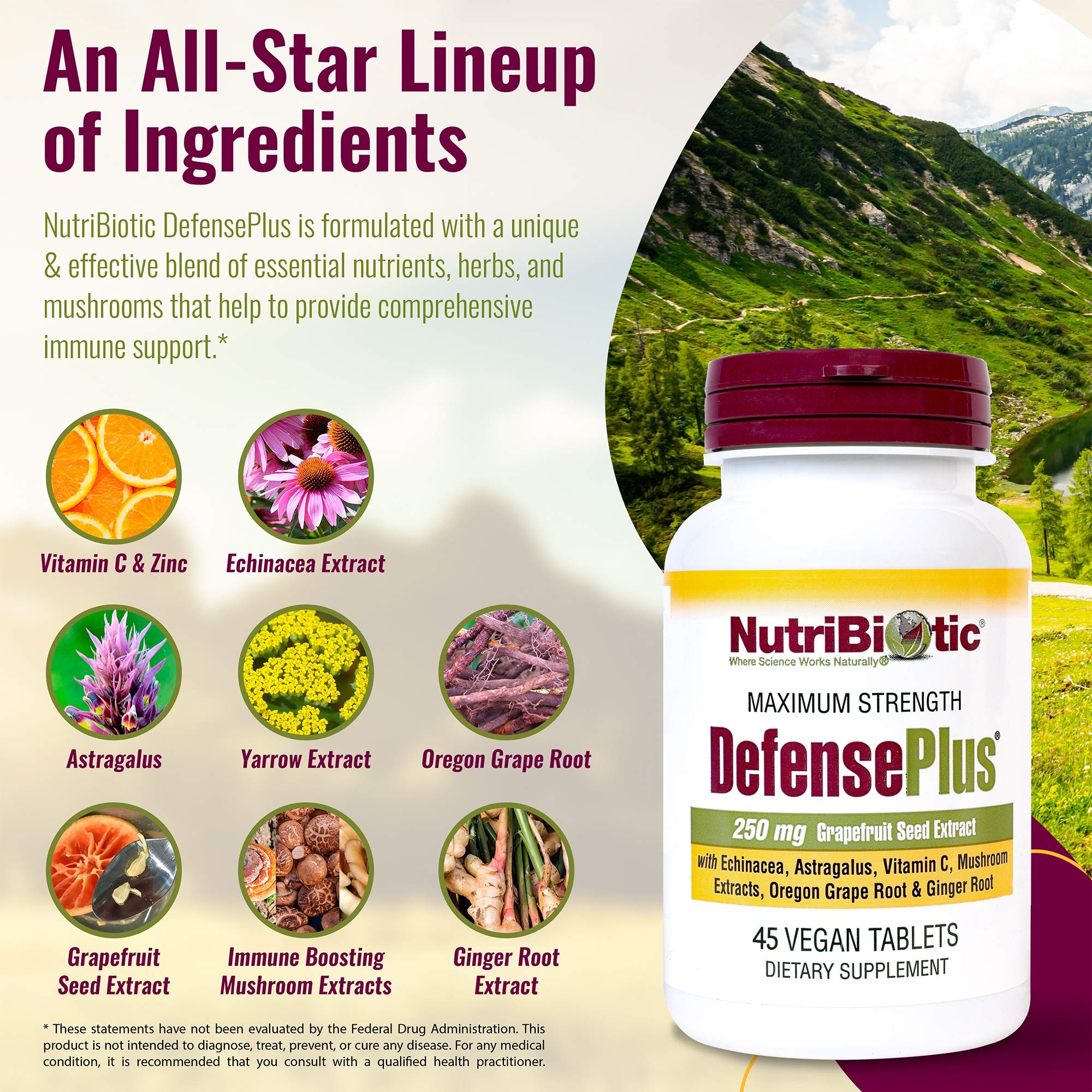 NutriBiotic DefensePlus, icône vegan et sans gluten dans l’emballage.
