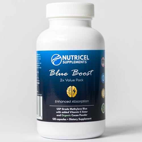 Capsules Nutricel bleu méthylène, bouteille ouverte: accès rapide sans dégât.