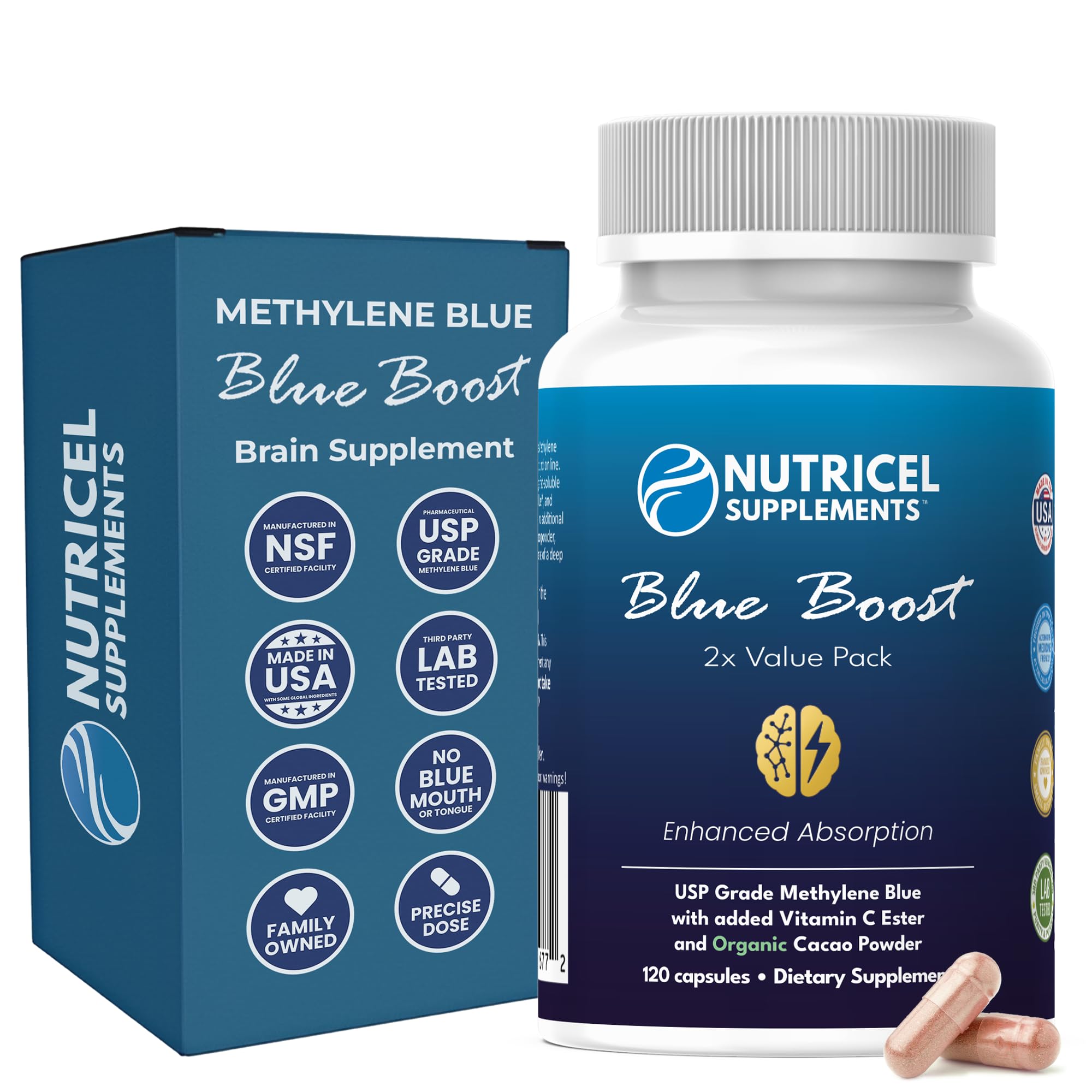 Capsules Nutricel bleu méthylène, bouteille: format pratique pour usage quotidien.