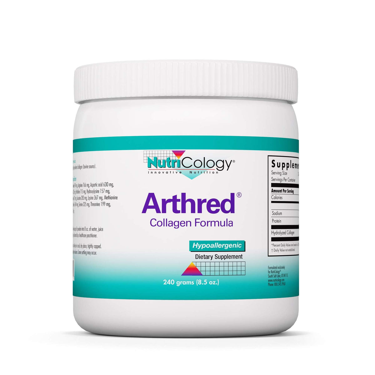 Arthred Nutricology : poudre collagène hydrolysé prête à être mélangée dans une boisson.