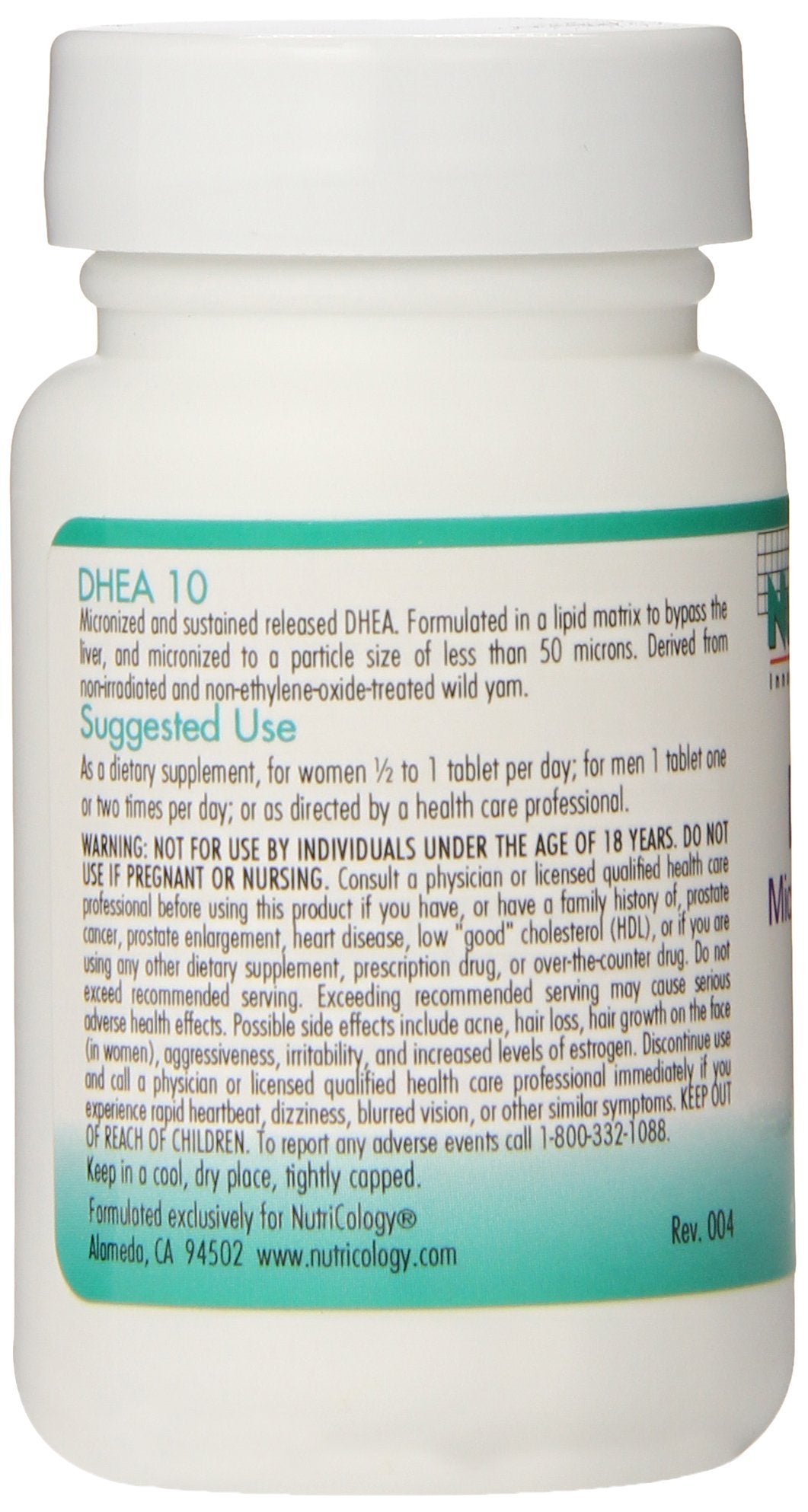 Nutricology DHEA 10 mg, sans soja, adaptée aux sensibilités.