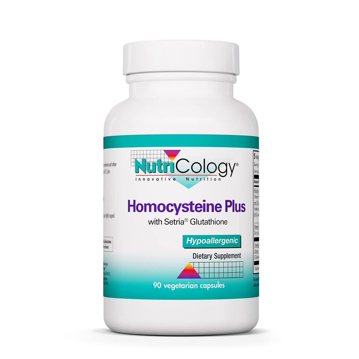 Nutricology Homocysteine Plus – bouteille avec étiquette, soutien potentiel au métabolisme.