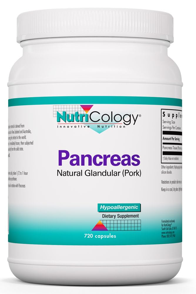 NutriCology Pancreas Natural Glandular – bouteille montrant le produit et le dosage potentiel.