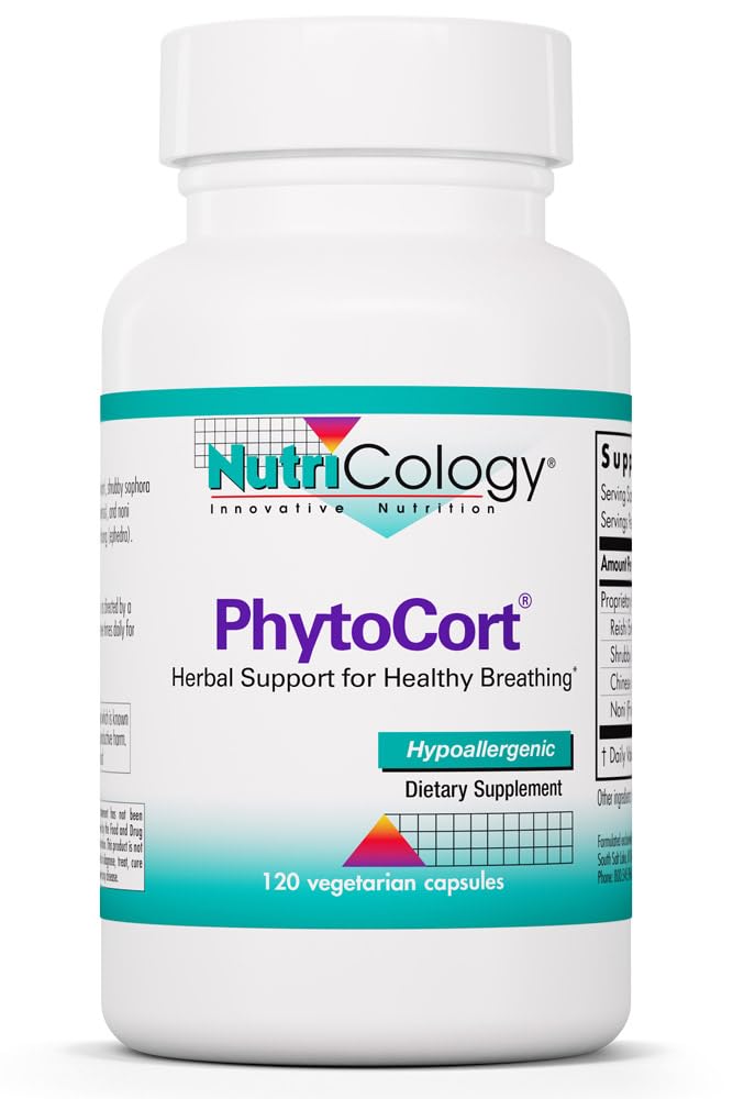 Nutricology PhytoCort: bouteille montrant le soutien respiratoire potentiel.