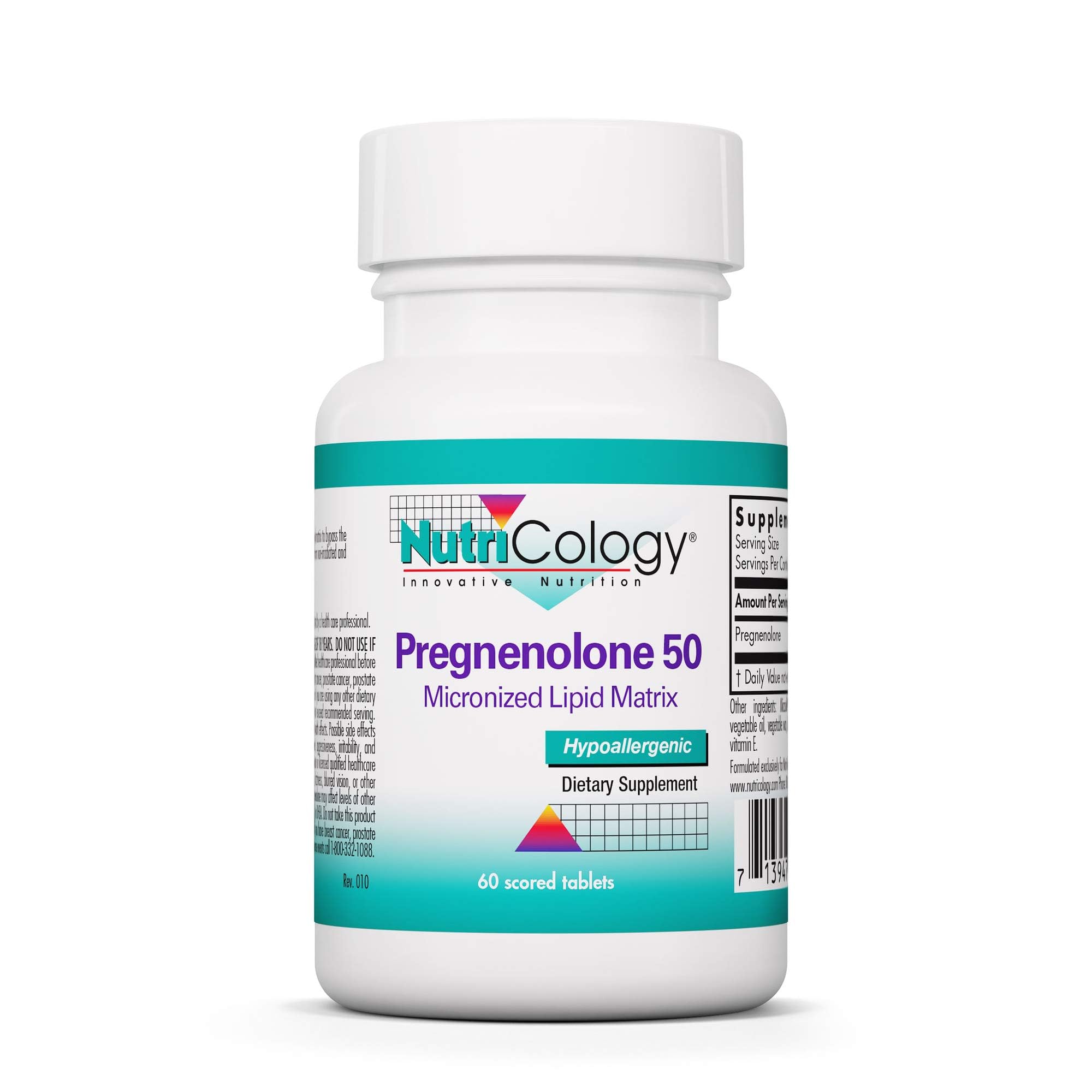Nutricology Pregnenolone — comprimés 50 mg en bouteille pour usage quotidien