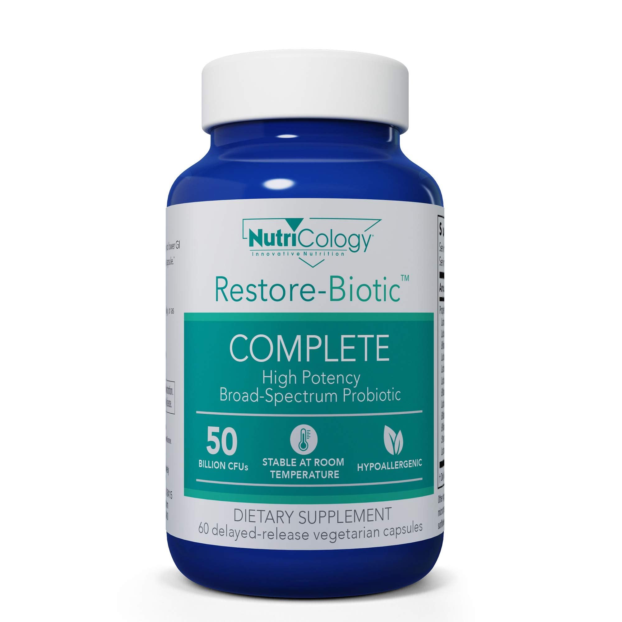 Nutricology Restore-Biotic Complete, bouteille de capsules végétariennes, soutien probiotique possible au quotidien.