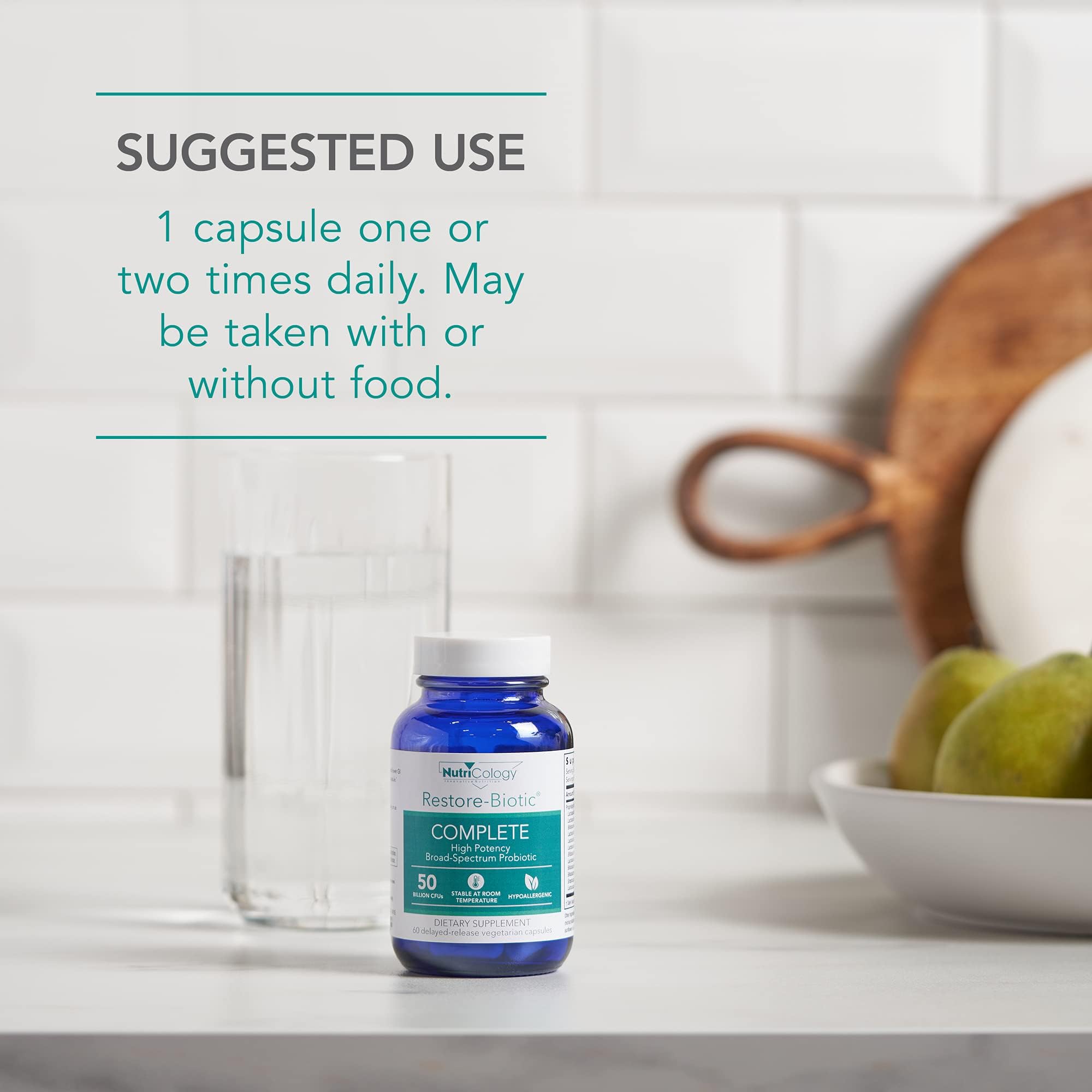 Nutricology Restore-Biotic Complete, emballage pratique prêt à emporter lors de voyages.
