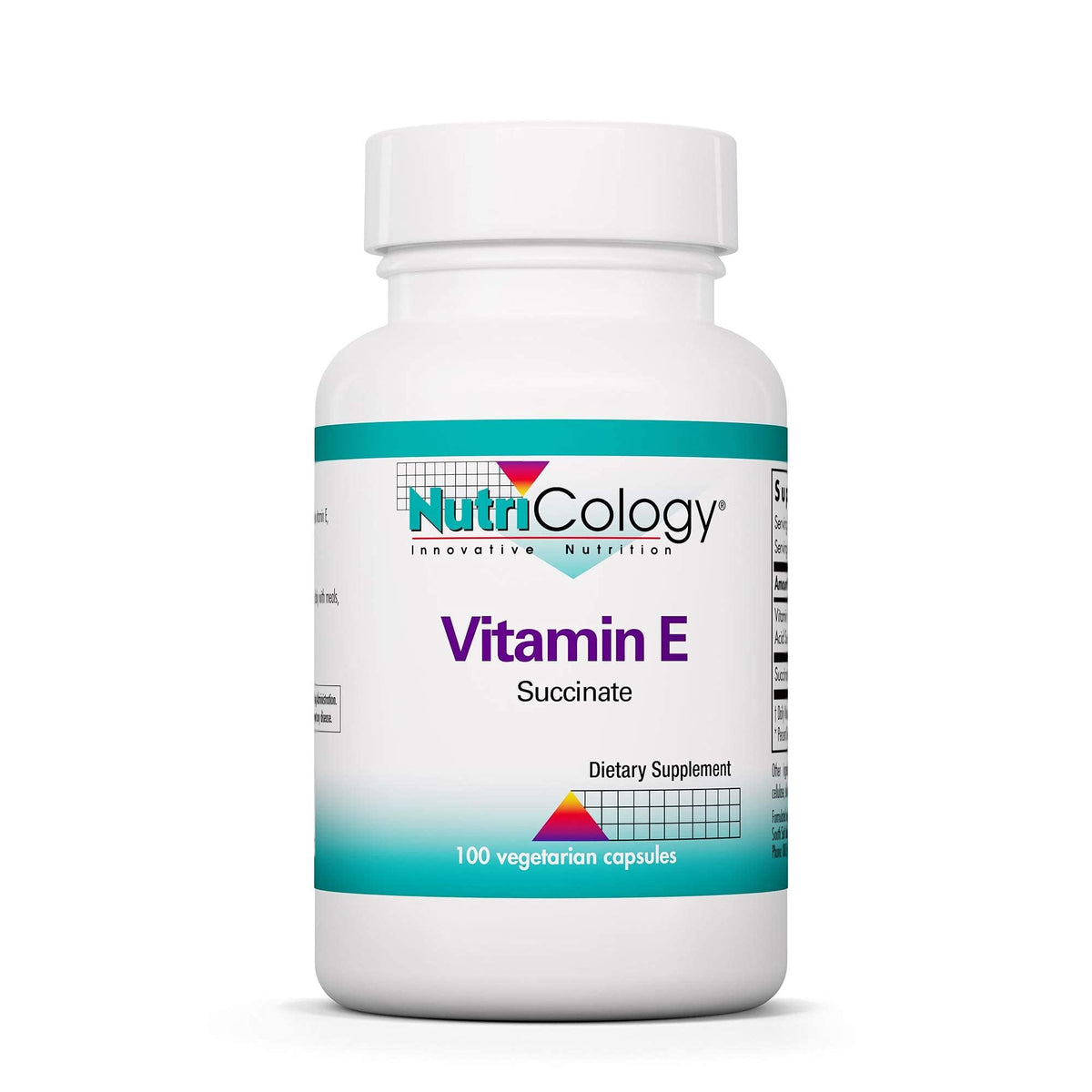 Nutricology Vitamine E Succinate – bouteille de capsules, soutien antioxydant quotidien.