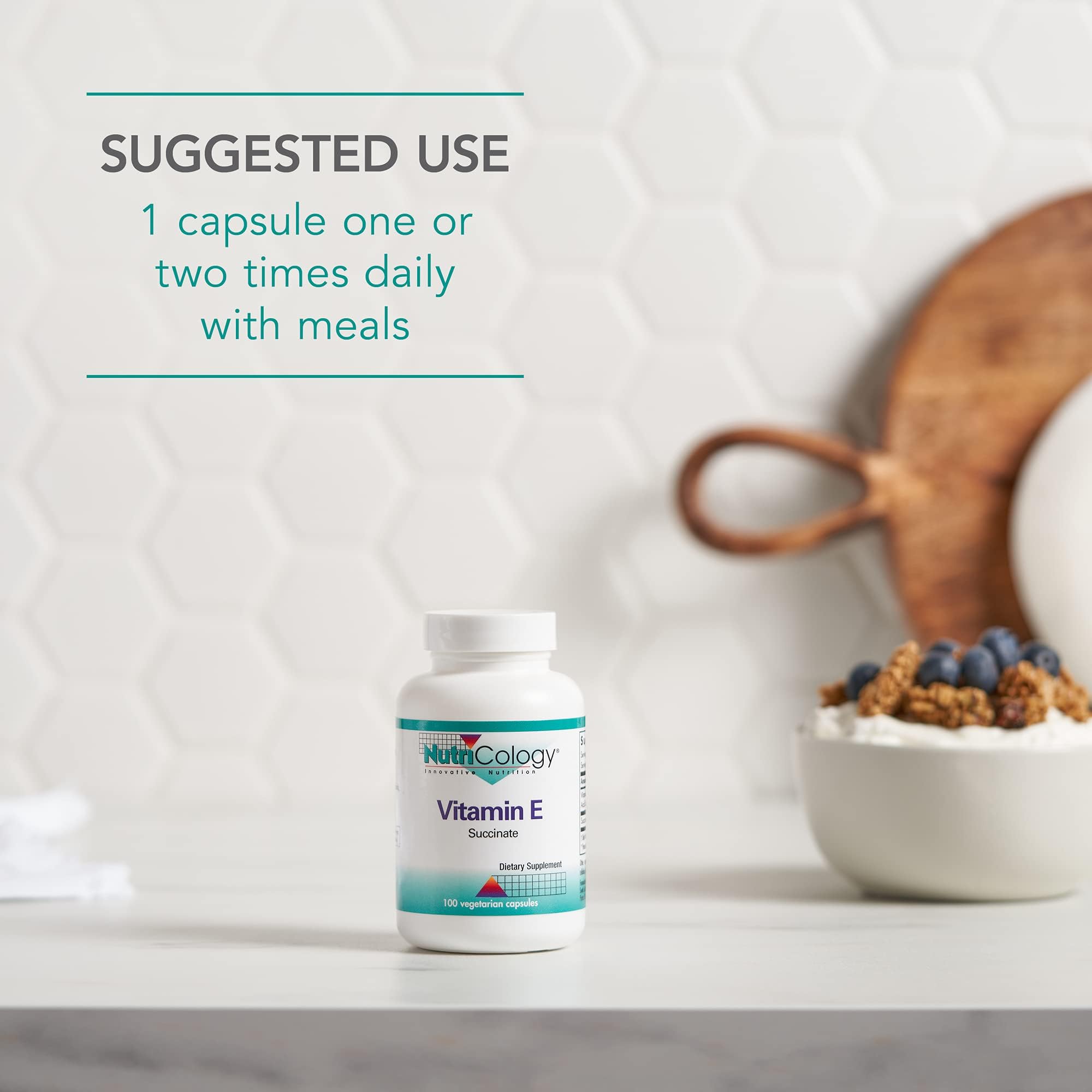 Gélules Nutricology Vitamin E Succinate – à prendre avec repas pour une routine pratique.