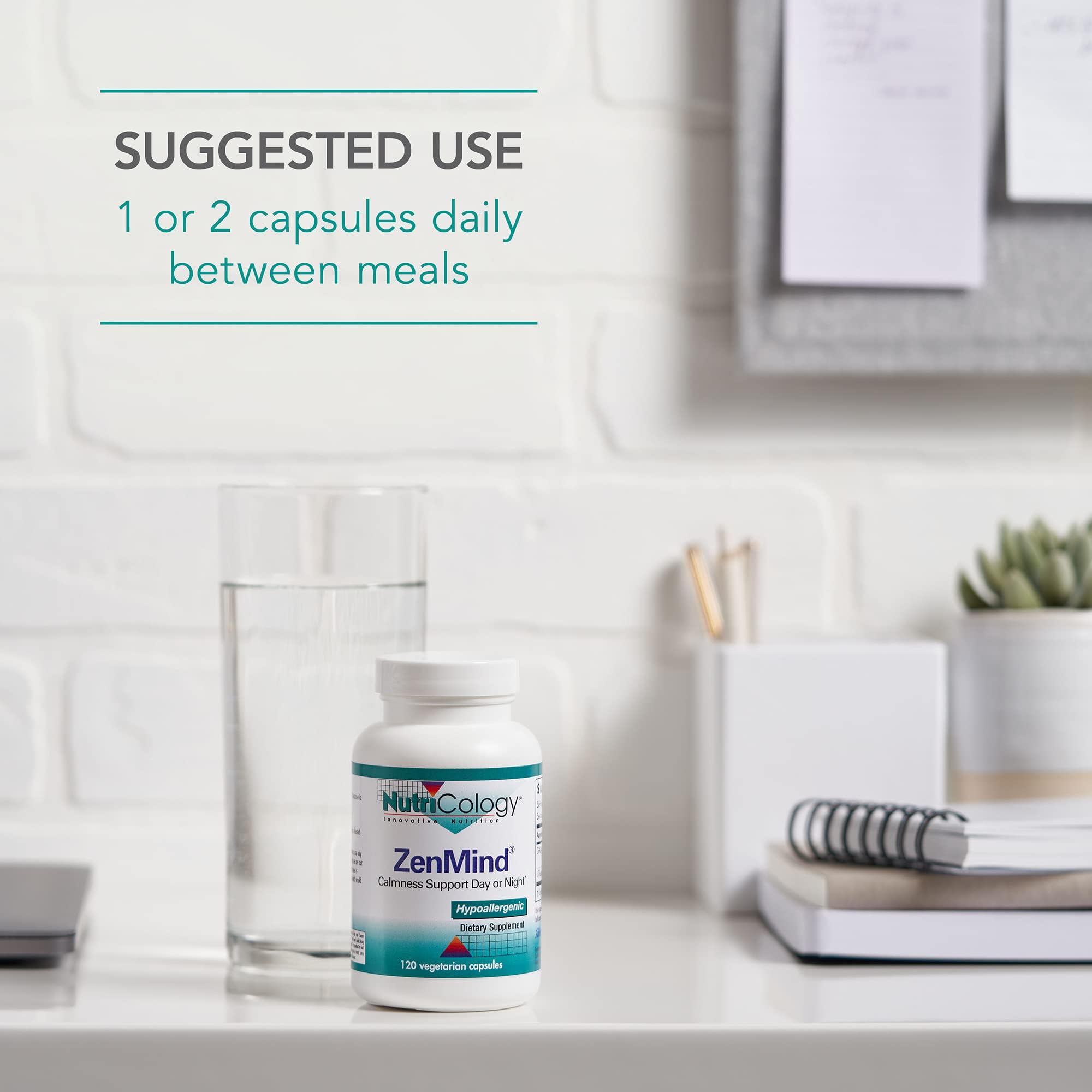 Capsules Nutricology ZenMind sur fond neutre, formulation hypoallergénique.