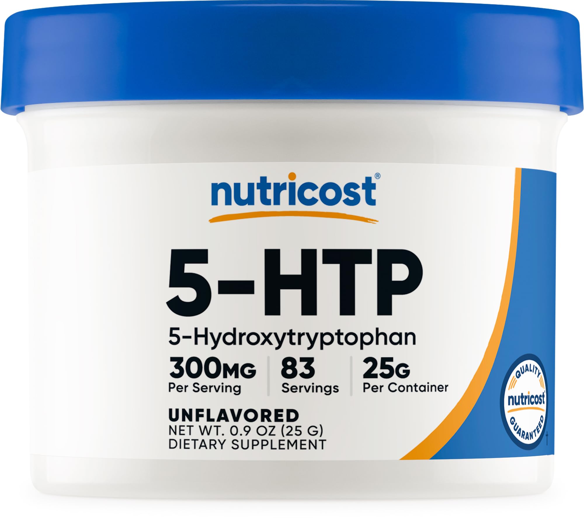 Nutricost 5-HTP en poudre, bouteille 25 g, pratique pour les routines quotidiennes.