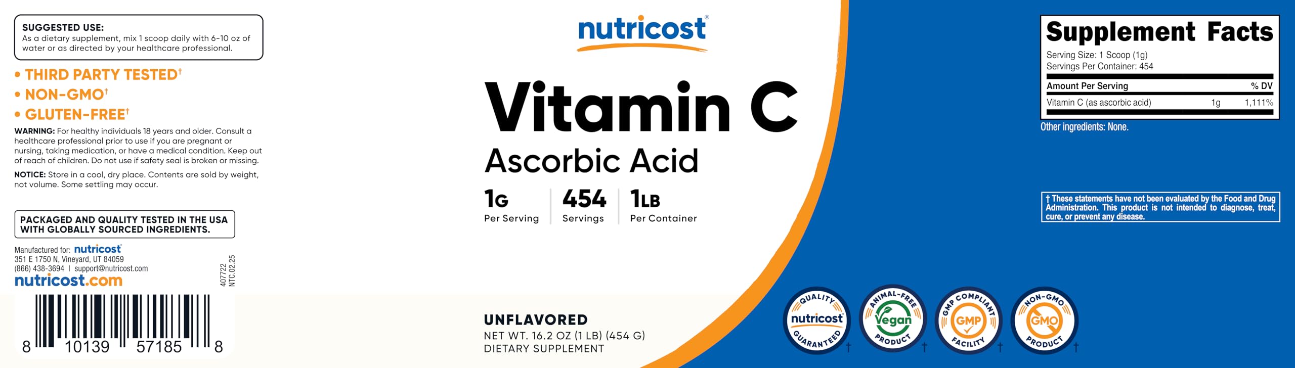 Nutricost acide-ascorbique poudre - sans OGM - pur et sûr pour boissons