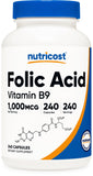 Nutricost acide folique 1000 mcg – bouteille centrale, usage quotidien potentiel.