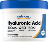Nutricost Acide hyaluronique en poudre, bouteille 50 g, pour hydratation peau et soutien articulations.