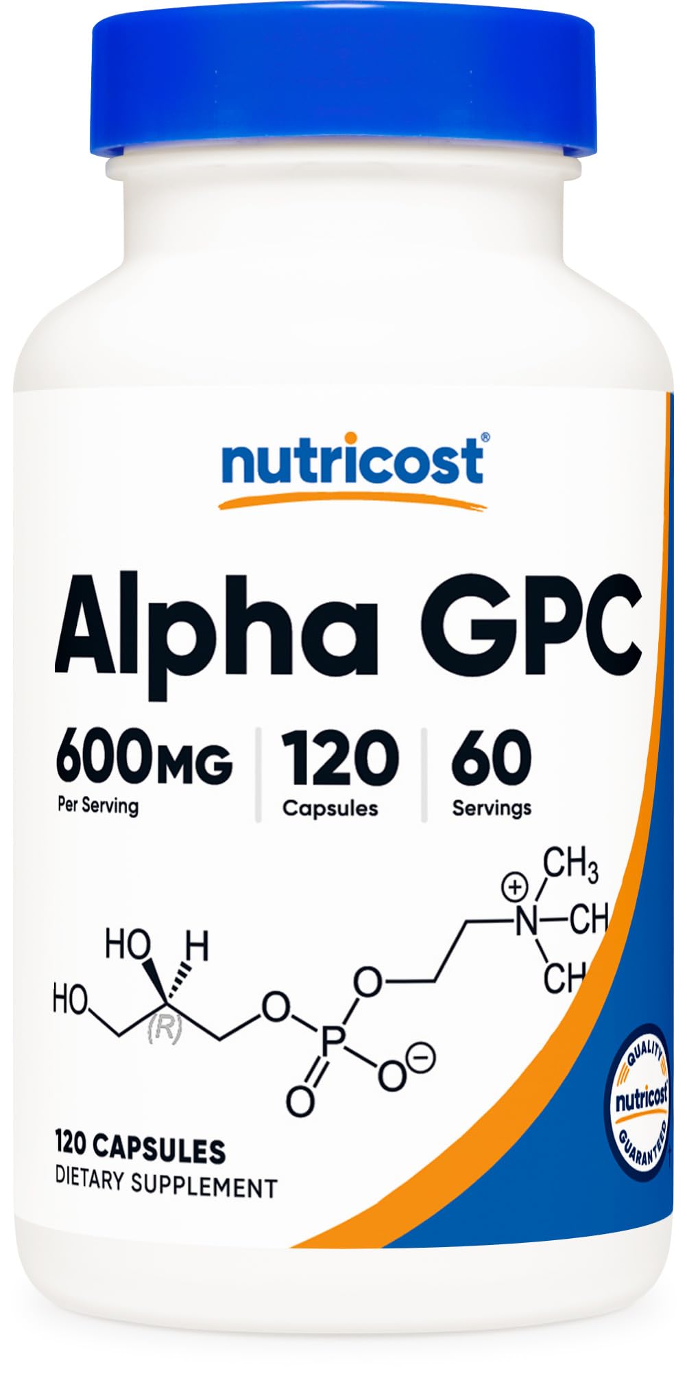 Nutricost Alpha GPC 600 mg, bouteille clairement étiquetée, soutien potentiel à une routine nutritionnelle.