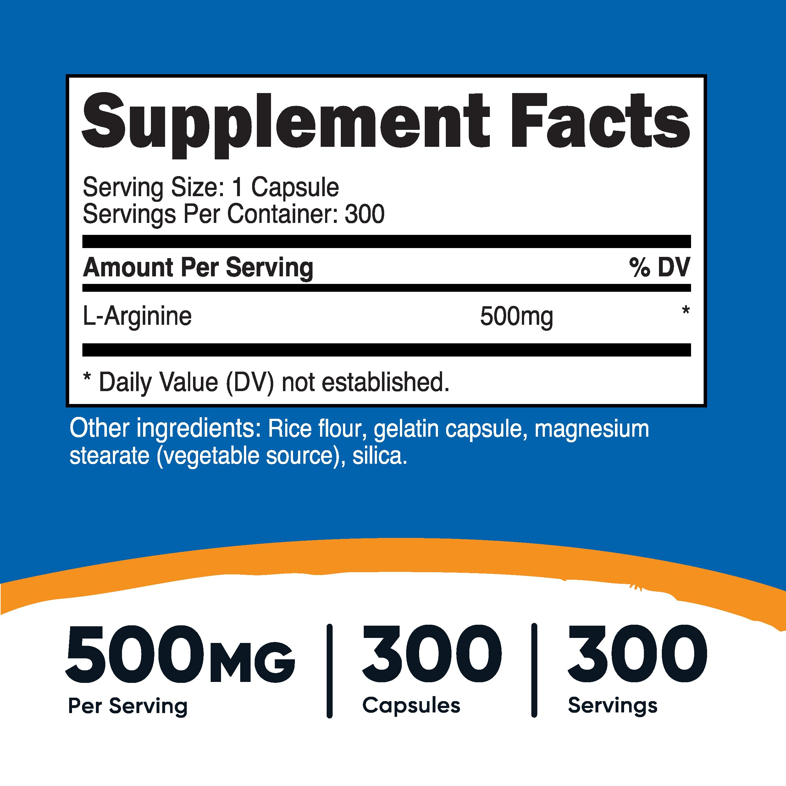 Nutricost L-Arginine 500 mg, étiquette sans gluten et sans OGM sur la bouteille.