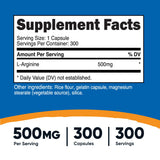 Nutricost L-Arginine 500 mg, étiquette sans gluten et sans OGM sur la bouteille.