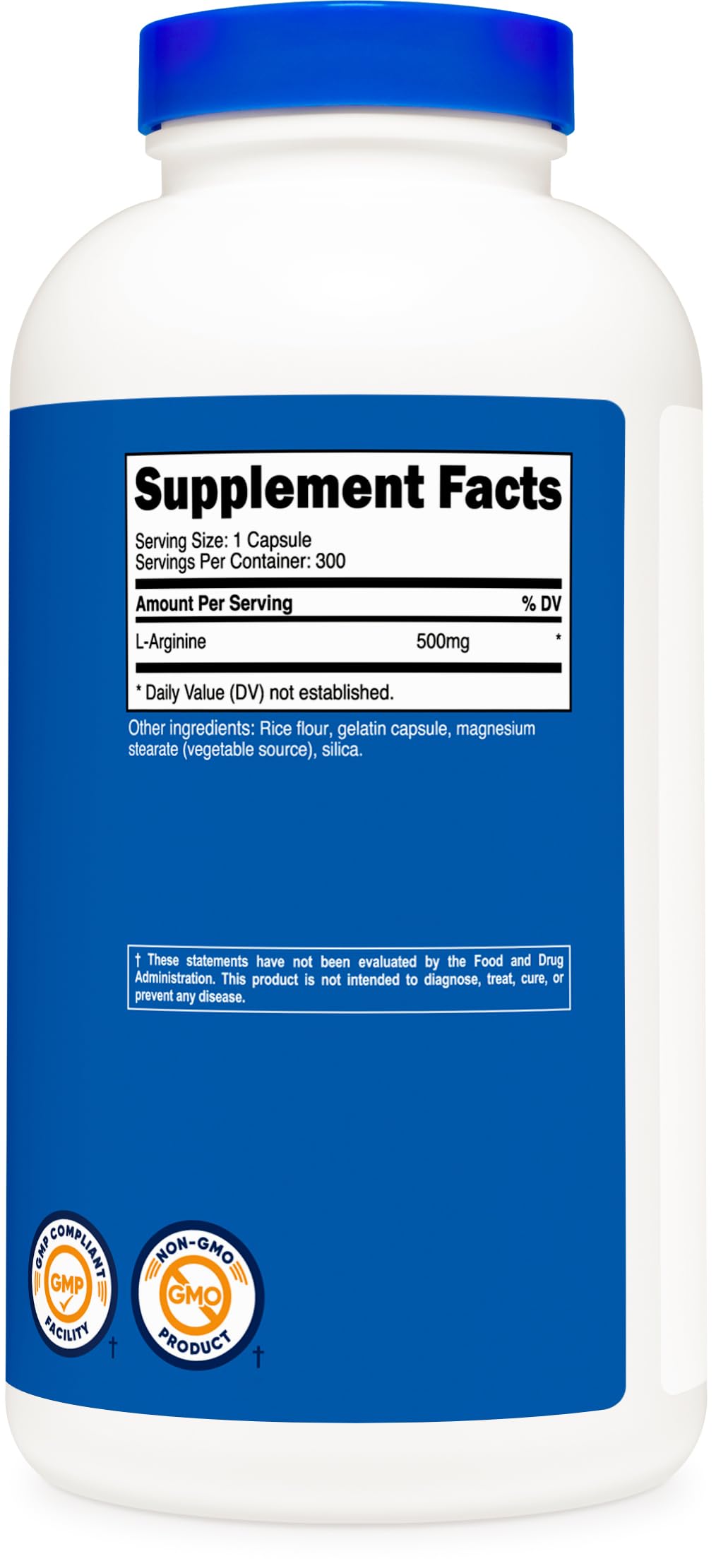 Nutricost L-Arginine 500 mg, close-up sur l’étiquette sans gluten.