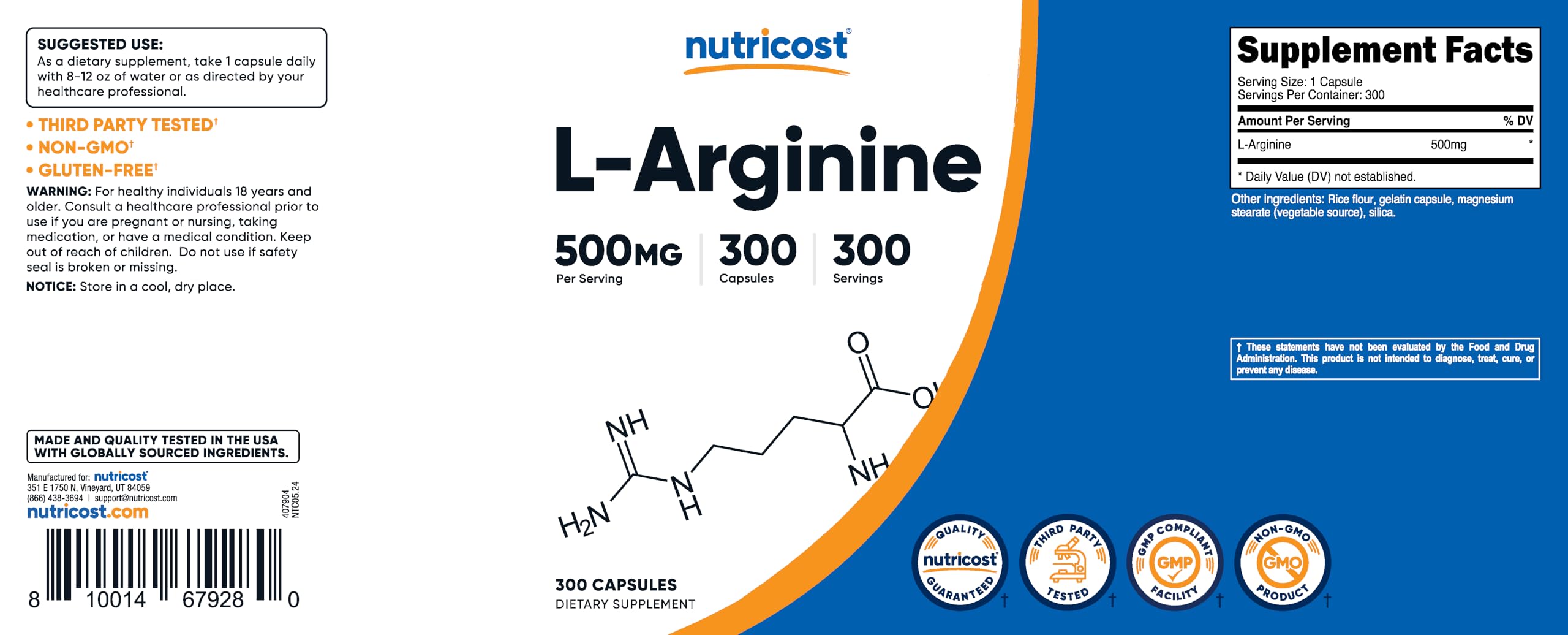 Nutricost L-Arginine 500 mg, vue générale du pack pratique pour la routine.