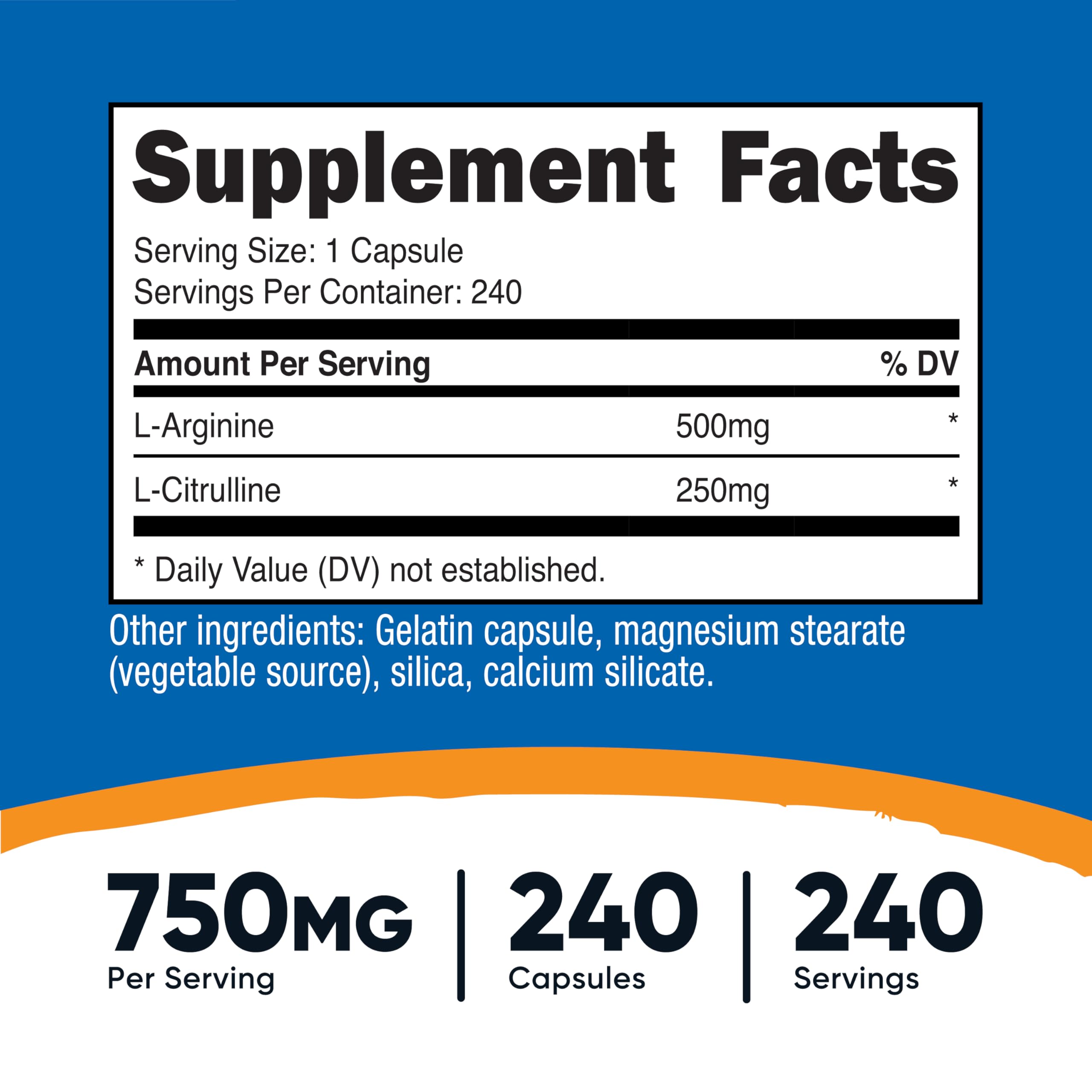Nutricost L-Arginine L-Citrulline Complex — bouteille de 240 gélules, format pratique.