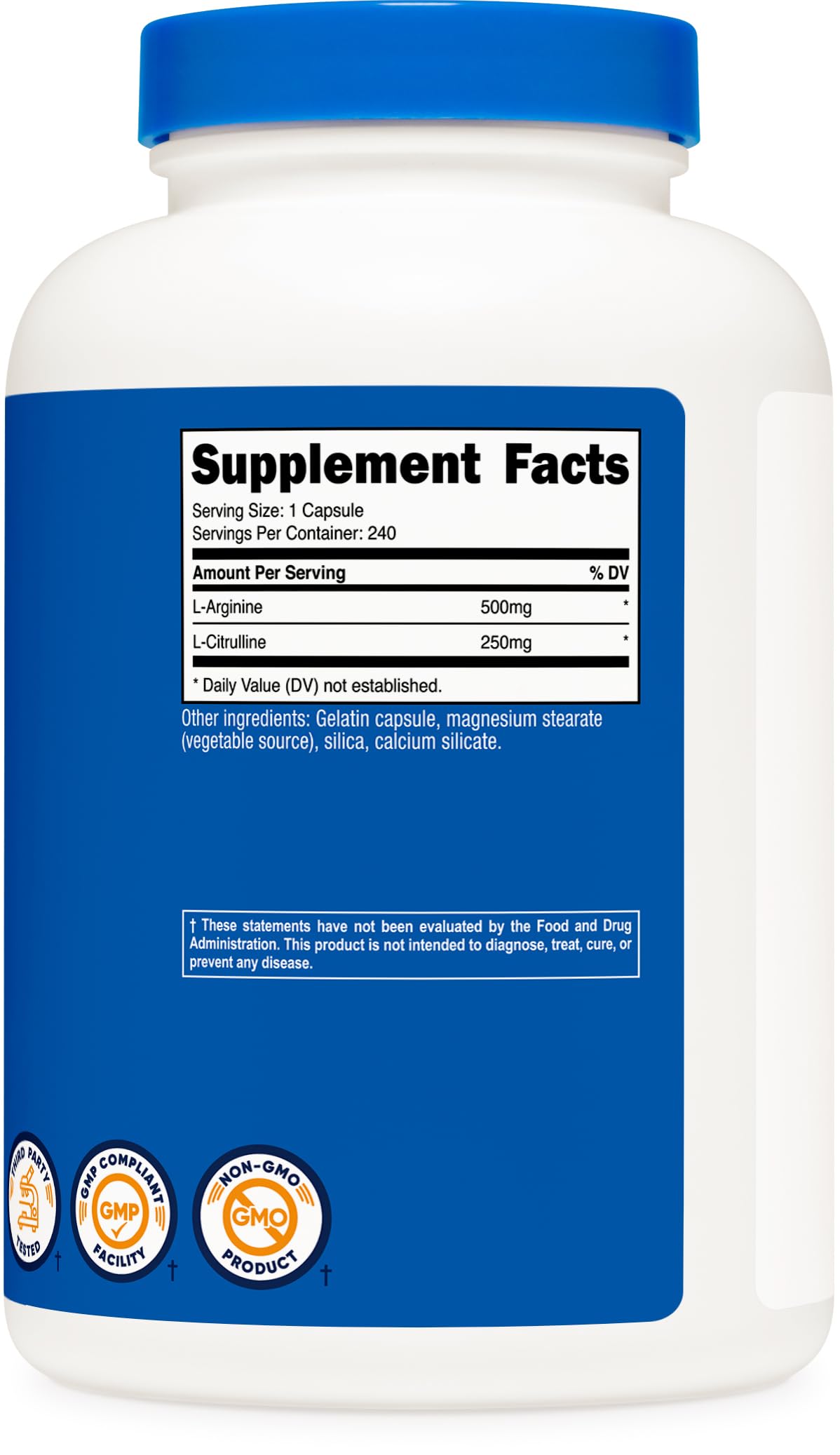 Nutricost L-Arginine L-Citrulline Complex — flacon ouvert, dosage pratique à emporter.