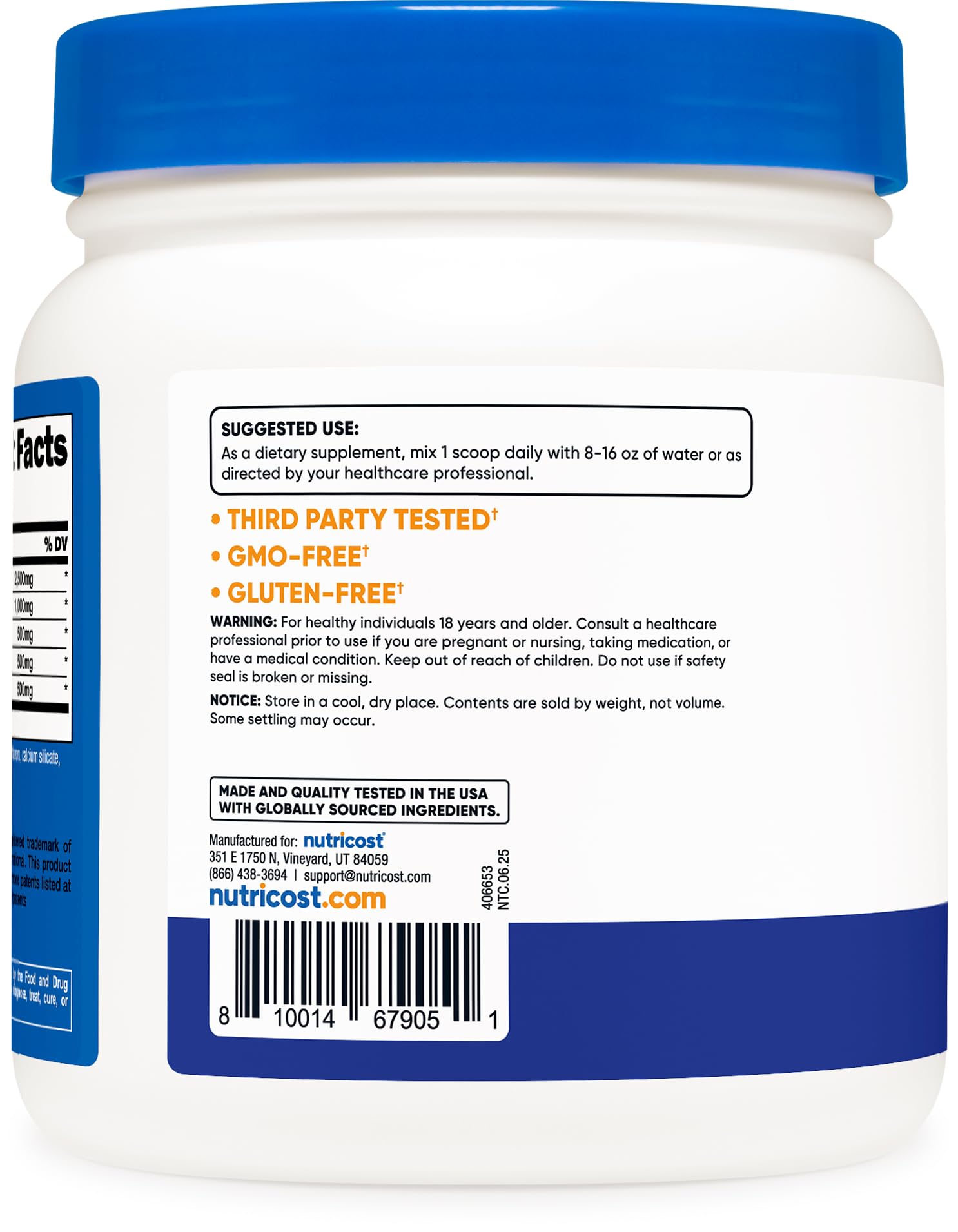 Nutricost L-Arginine Complex étiquette certifiée NSF et conformité GMP.