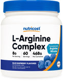Nutricost L-Arginine Complex flacon bleu-framboise pour soutenir l'effort physique.