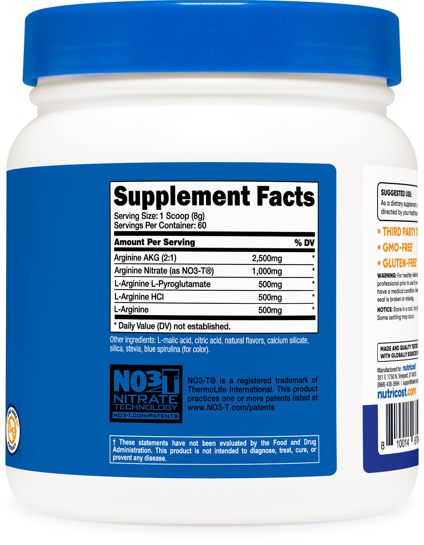 Nutricost L-Arginine Complex ingrédients sans gluten et sans OGM.