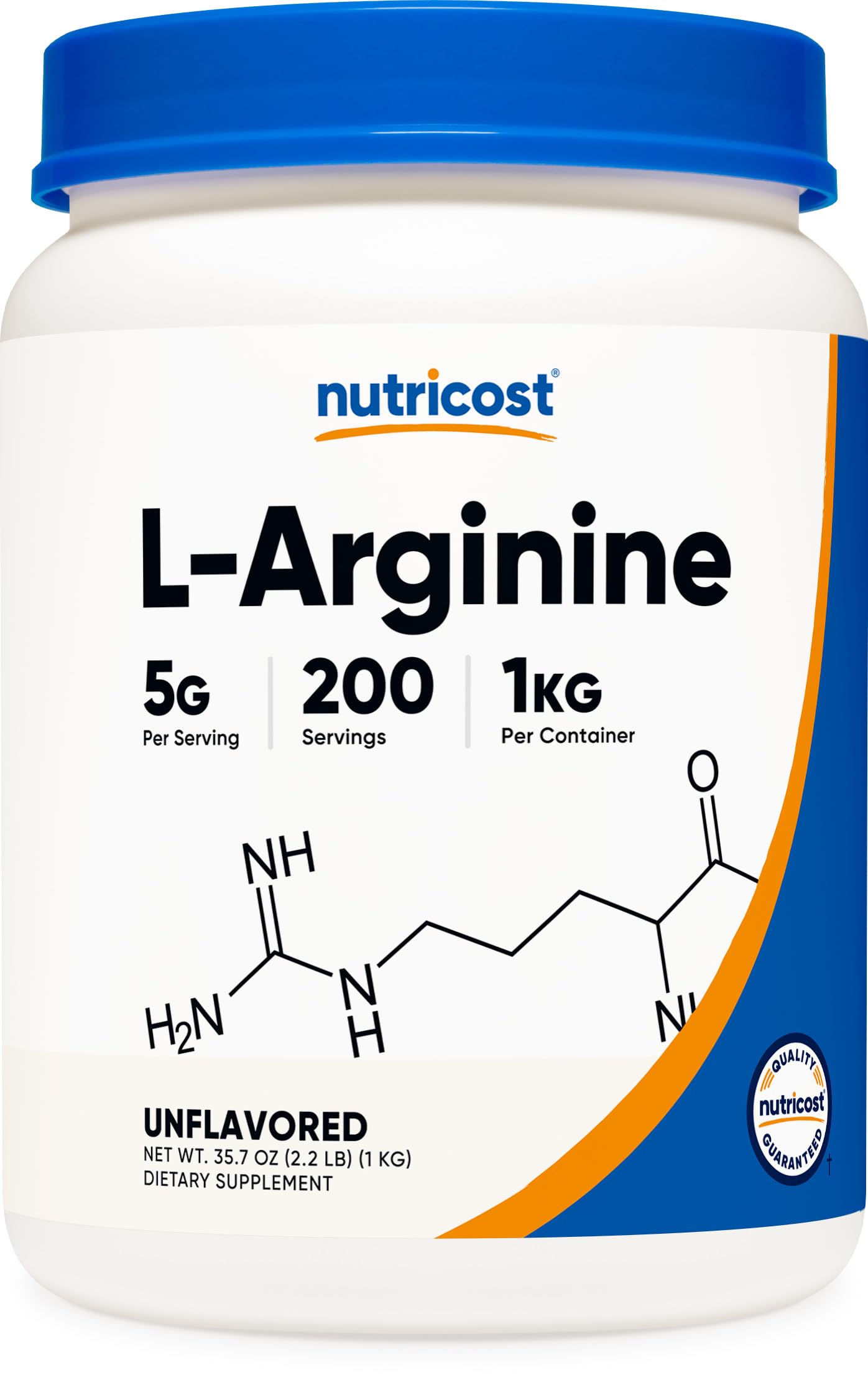 Nutricost L-Arginine Poudre dans une bouteille de 1 kg, pur et facile à doser.