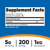 Nutricost L-Arginine Poudre avec doseuse, chaque mesure de 5 g pratique et précise.