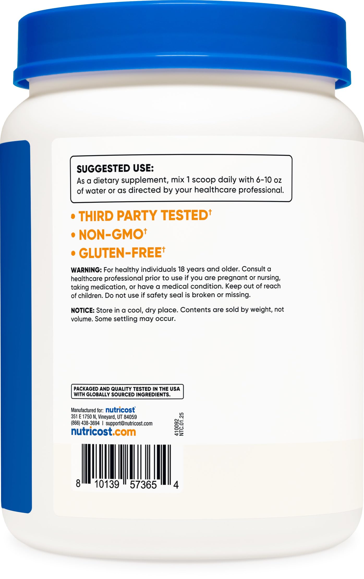 Nutricost L-Arginine Poudre sans gluten et non-GMO pour un choix alimentaire conscient.