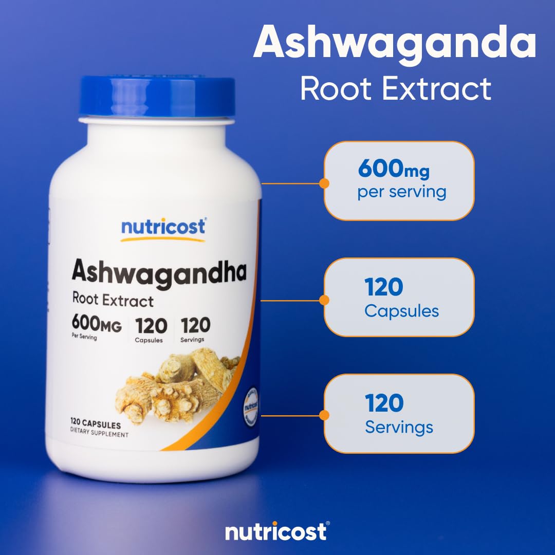 Bouteille Nutricost Ashwagandha sur étagère, adaptée à une routine végétarienne.
