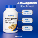 Bouteille Nutricost Ashwagandha sur étagère, adaptée à une routine végétarienne.