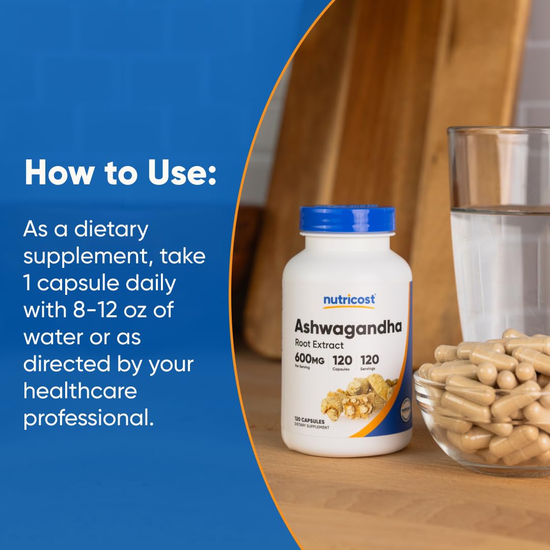 Gros plan sur les capsules Nutricost Ashwagandha, dosage de 600 mg.