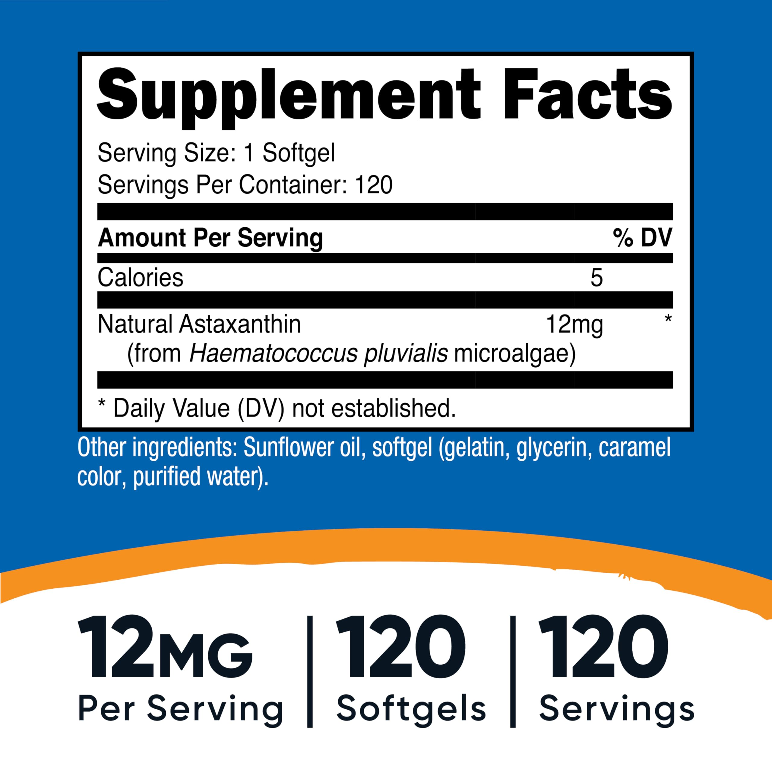 Étiquette Nutricost Astaxanthin sans OGM et sans gluten, transparence assurée.