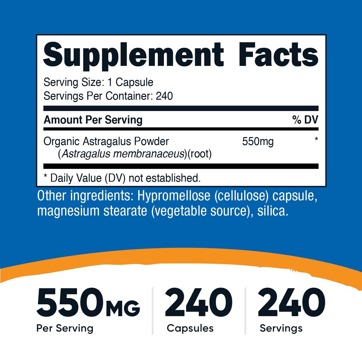 Nutricost Astragalus gélules 550 mg – étiquette lisible et informations claires.