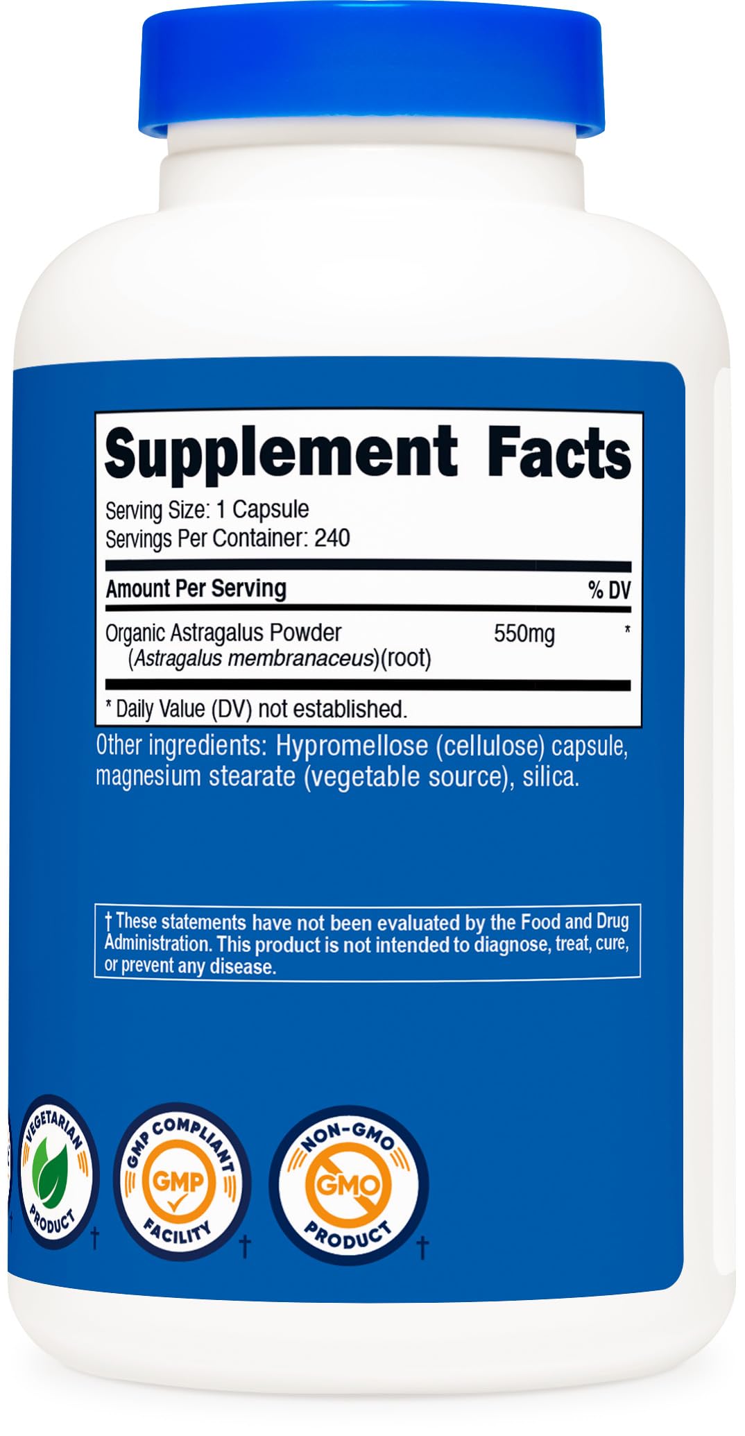 Nutricost Astragalus gélules 550 mg – etiquette texte clair et traçabilité.