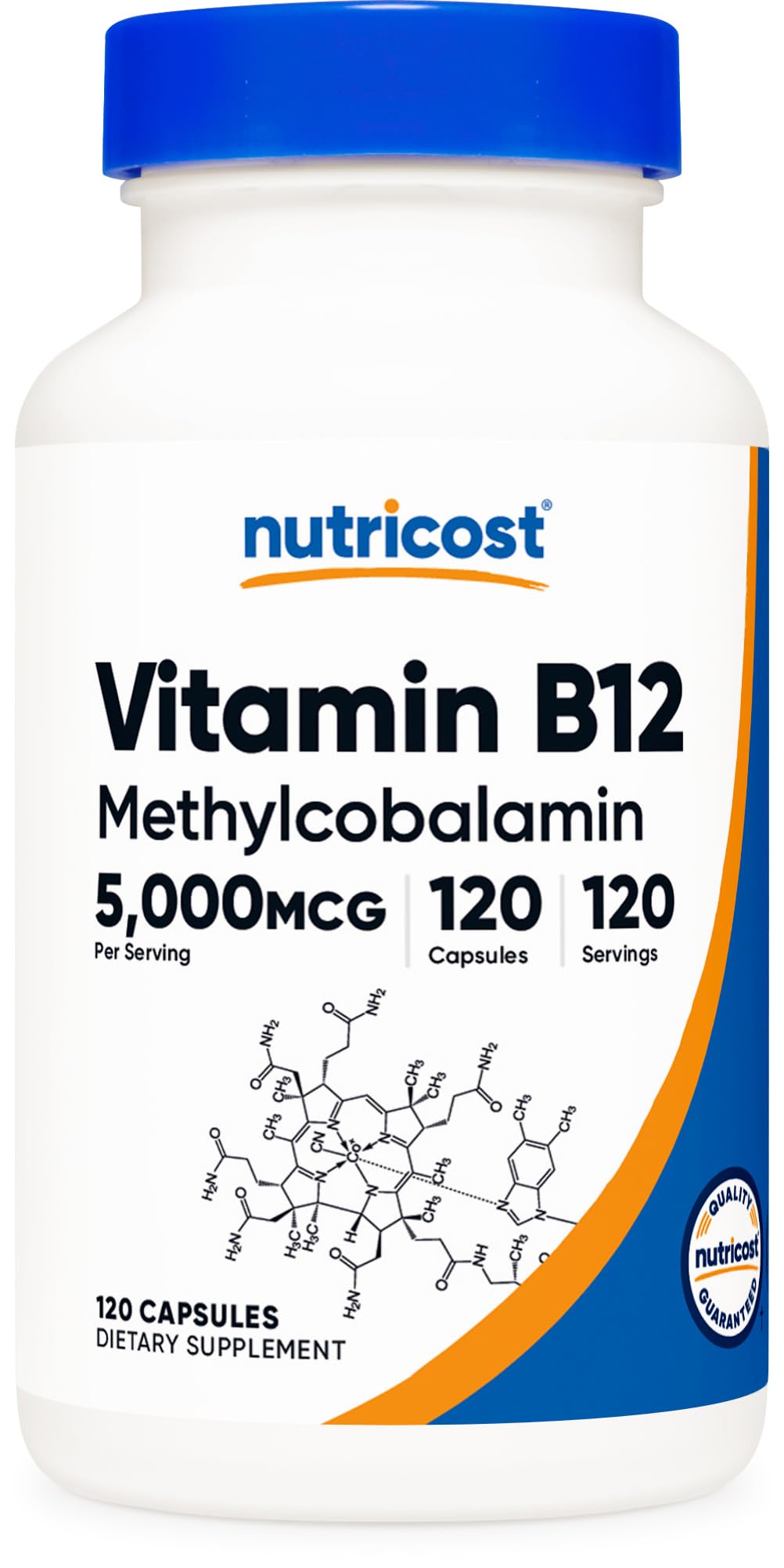 Nutricost B12 5000mcg – bouteille montrant le dosage élevé et l’usage quotidien potentiel.