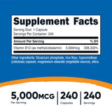 Étiquette Nutricost B12 détaillée sur l'emballage pour clarifier les ingrédients et les tests.