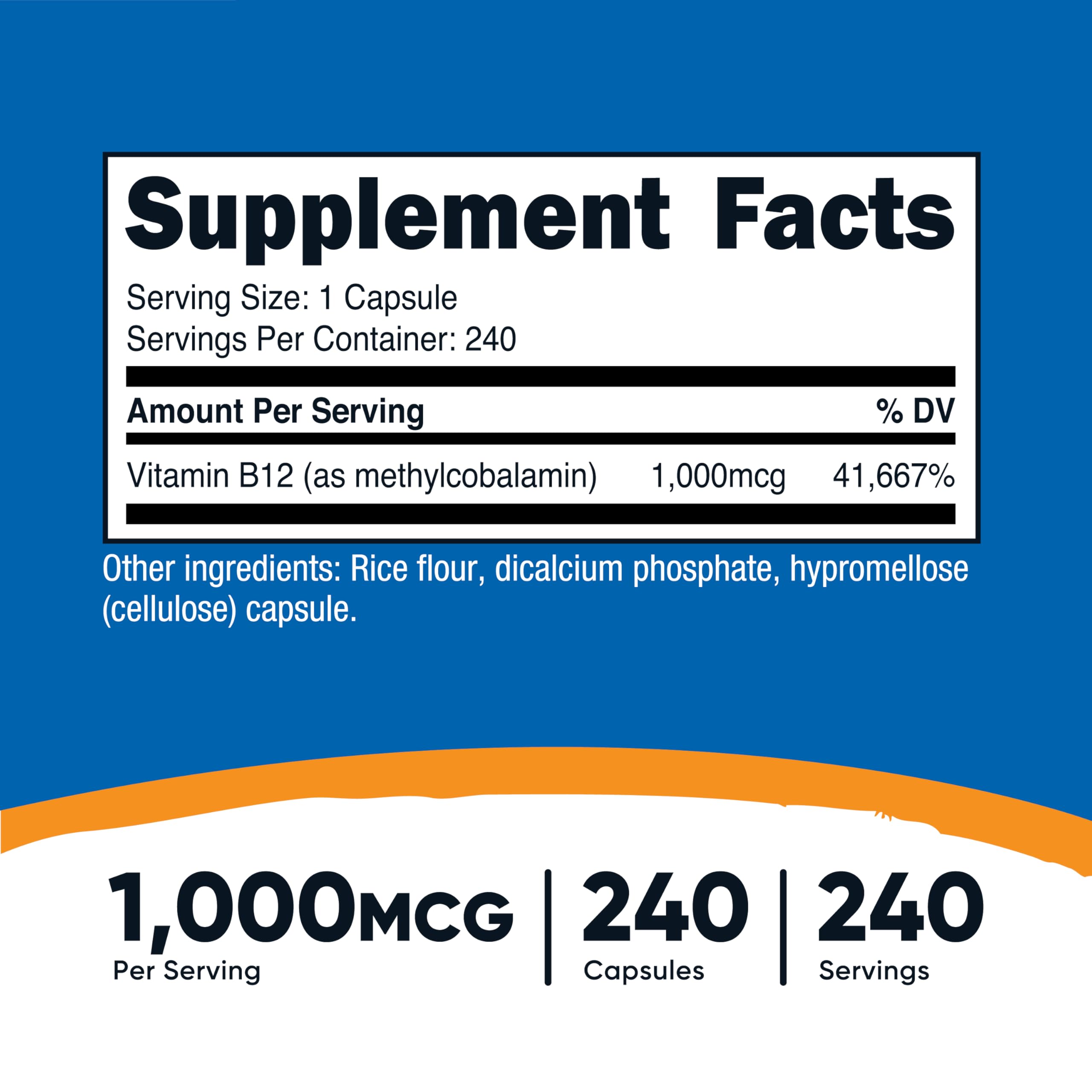 Nutricost B12 méthylcobalamine, gélules végétariennes, option sans OGM et gluten.