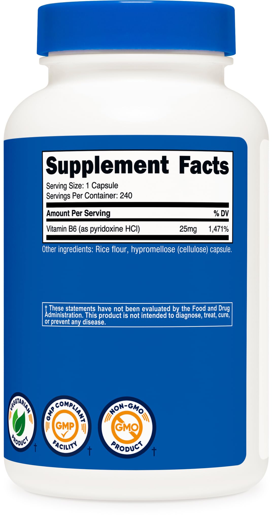 Nutricost B6 capsules, dos de l'emballage visible sur plan de travail