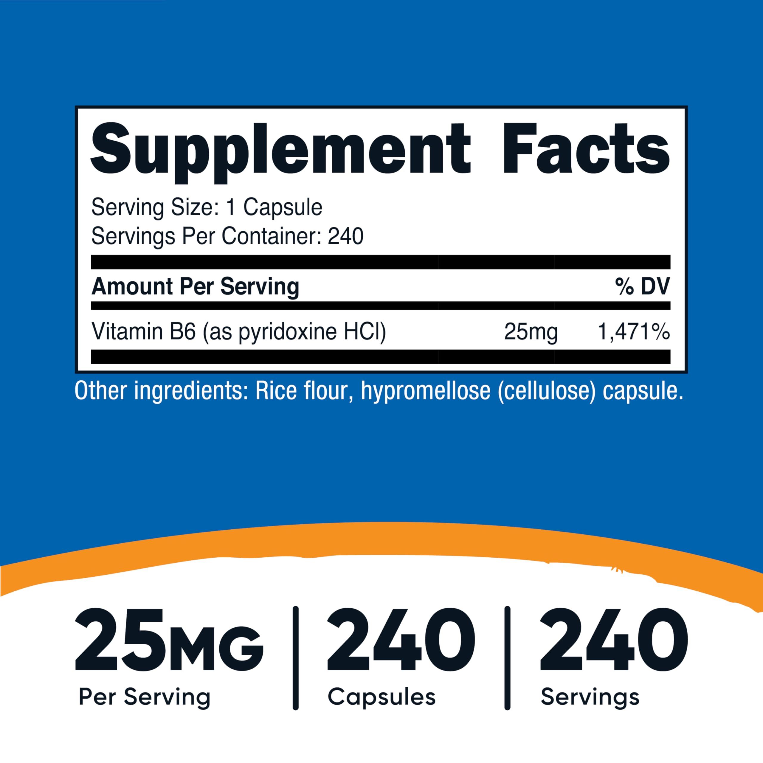 Nutricost B6 capsules, etiquette claire sur l'emballage, sans OGM et sans gluten