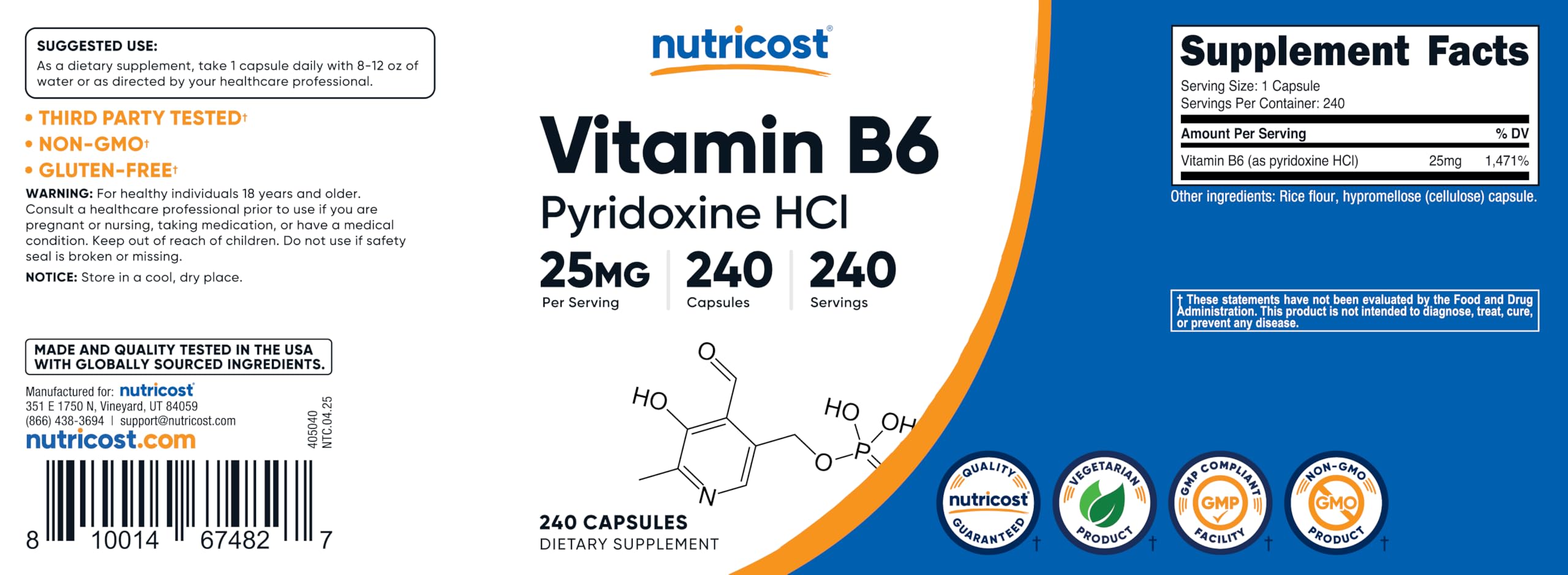 Nutricost B6 capsules, vue rapprochée des gélules en présentation claire