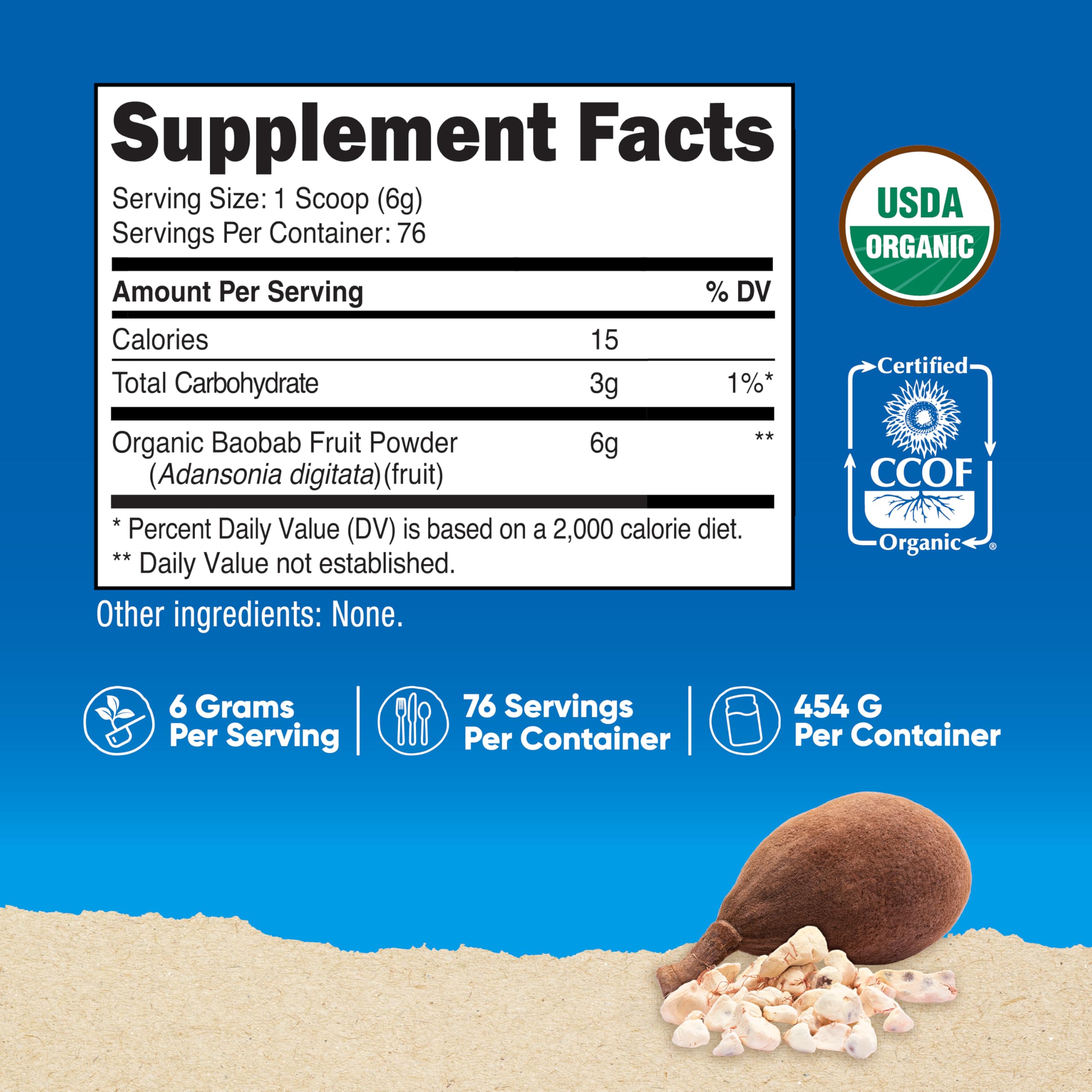 Poudre Nutricost Baobab dans une cuillère, dosage fiable et constant.