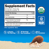 Poudre Nutricost Baobab dans une cuillère, dosage fiable et constant.