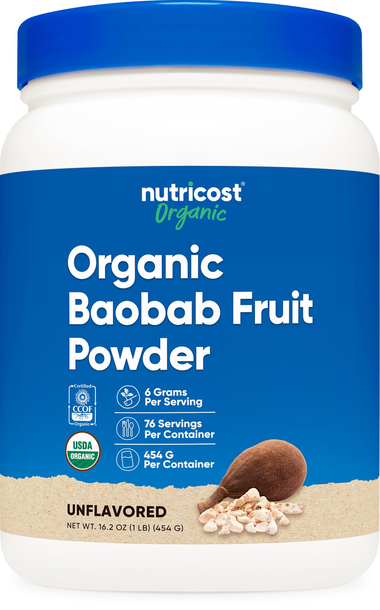 Nutricost Baobab en poudre dans l’emballage, pratique et facile à ranger.