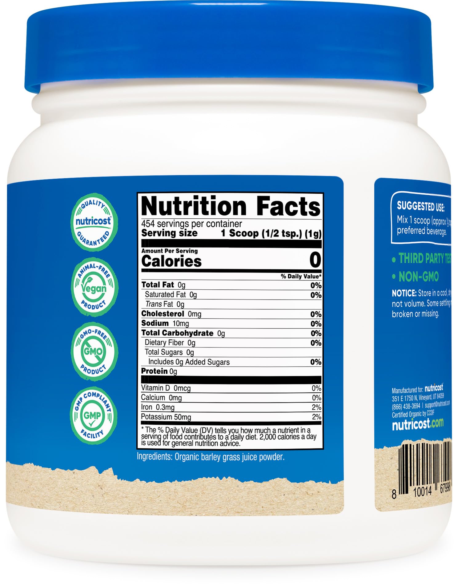 Nutricost Barley Grass Juice Powder sans OGM, ajout pratique à vos boissons quotidiennes.