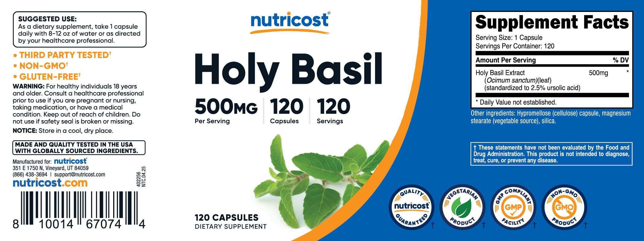 Nutricost basilic sacré emballage clair et lisible pour achat éclairé