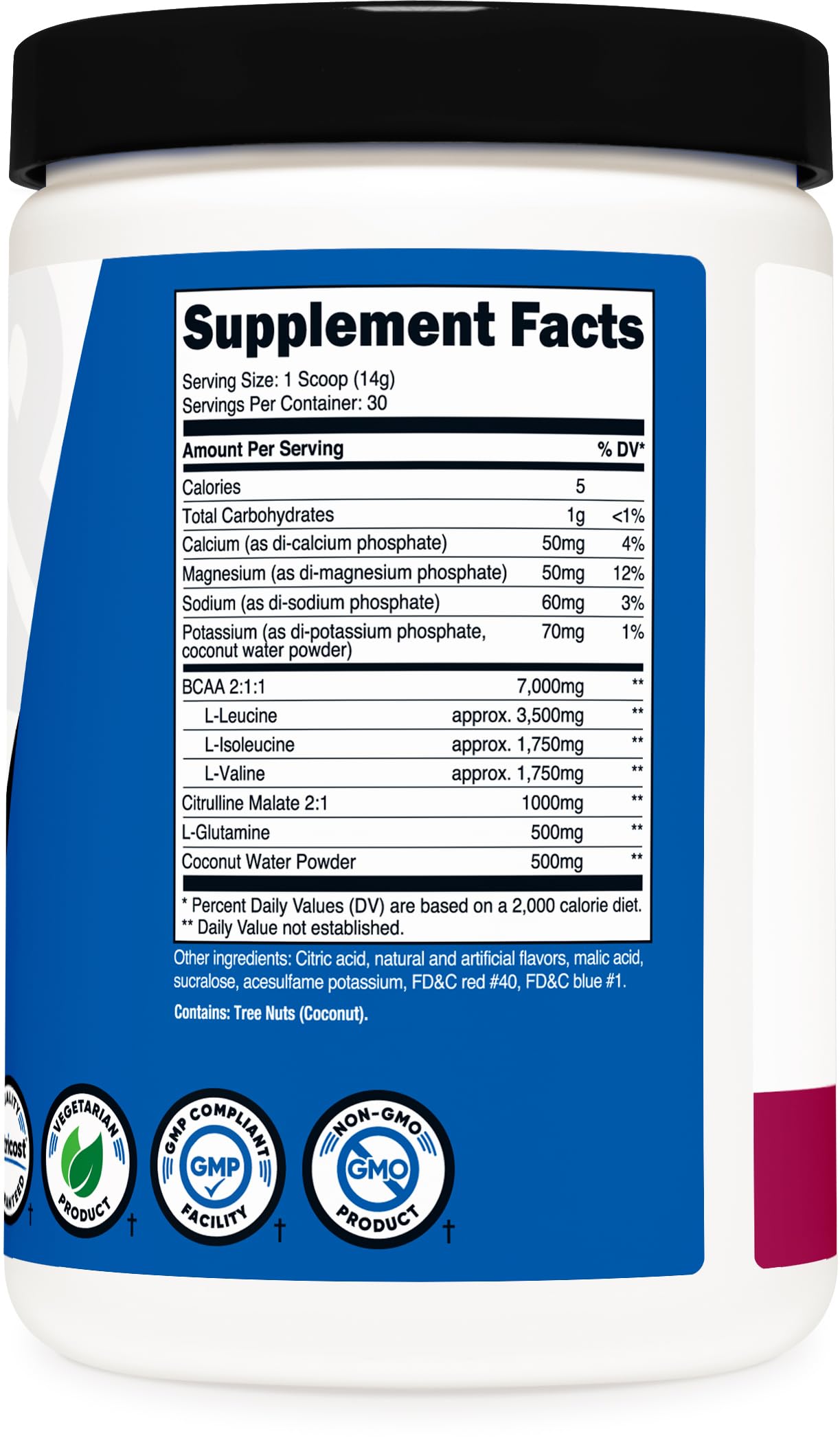 Nutricost BCAA Active – étiquette sans gluten et sans OGM