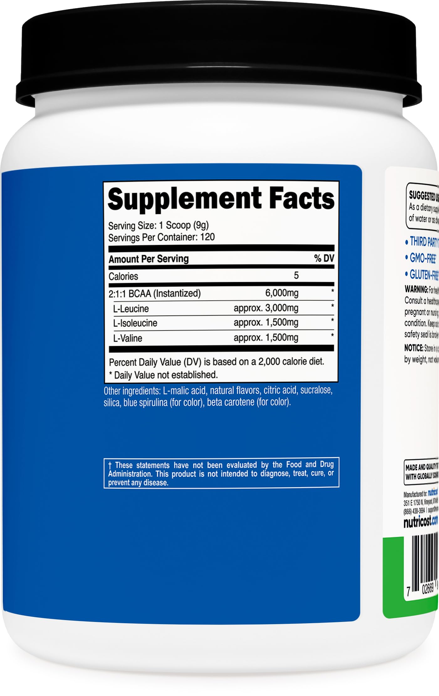 Étiquette arrière Nutricost BCAA, informations claires et qualité